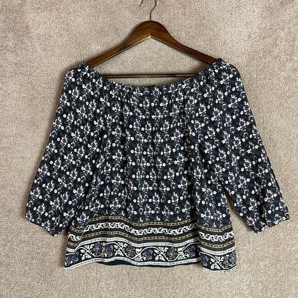 Madewell Tops - Madewell Silk Blouse Womens XS Black Gardenhouse Off Shoulder Top Floral Shirt